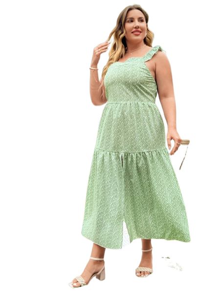 

plus ditsy floral ruffle trim split thigh dress t1s9#, Black
