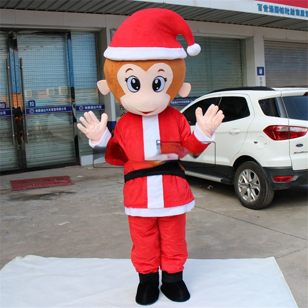 

mascot doll costume christmas hat monkey christmas performance costumes cartoon doll costumes wearing people walking doll headgear cost, Red;yellow