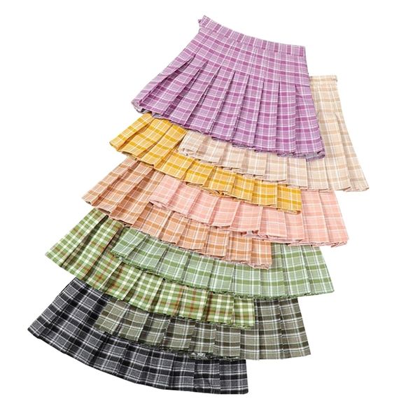

summer y2k korean fashion plaid pleated women skirt purple high waist short safety lining school uniform a-line girl mini skirts 220322, Black