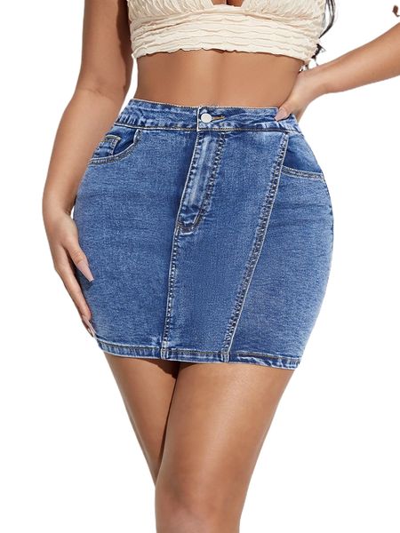 

high waist bodycon denim skirt h7ls#, Black