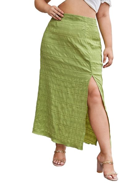 

plus high waist split thigh textured skirt k6js#, Black