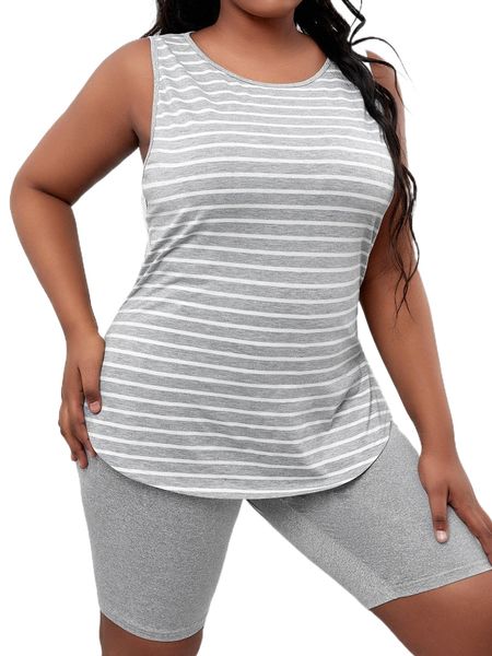 

sxy plus striped curved hem tank & biker shorts 81fq#, Black