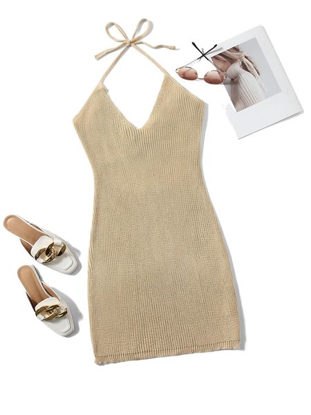 

plus knitted halter cover up dress a8fl#, Black