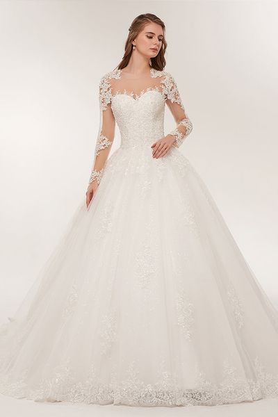 

princess a line wedding dress applique lace long sleeves bridal gowns sheer jewel neck open back plus size ivory tulle bride dresses elegant, White