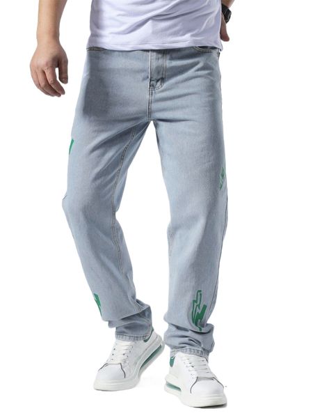 

men lightning print straight leg jeans q4vf#, Blue