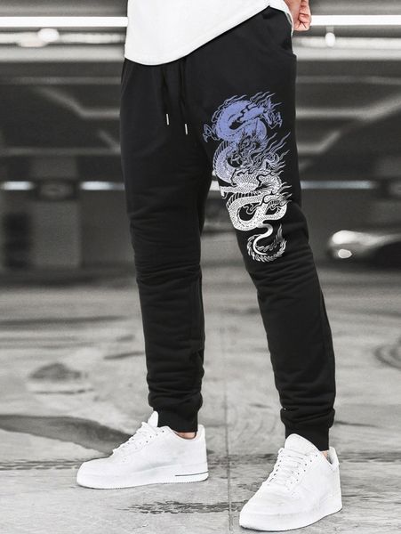 

men dragon graphic drawstring waist sweatpants s1ku#, Black