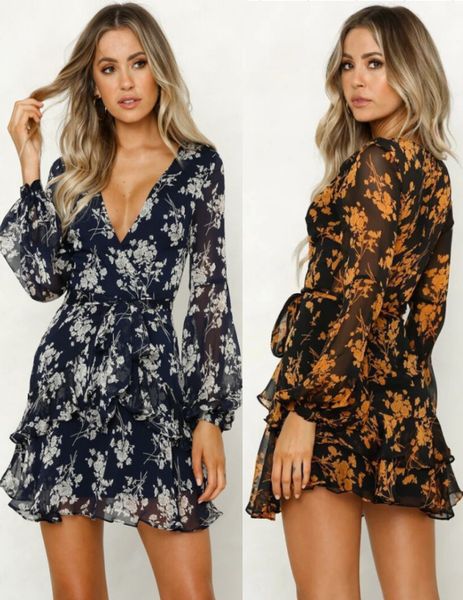 

womens long sleeve vneck loose lantern sleeve fashion floral dress autumn summer casual flowers printing dresses 220520, Black;gray