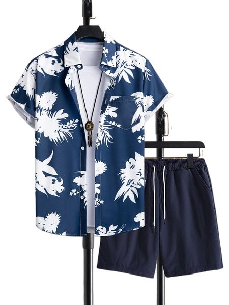 

men floral print shirt & drawstring waist shorts without tee 17am#, Gray