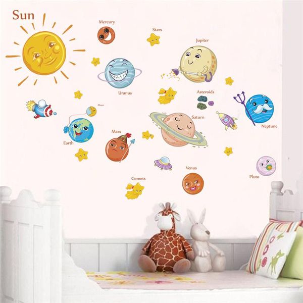 Adesivi murali Sistema solare Pianeta dei cartoni animati Astronave per la camera dei bambini Decorazione del bagno Ragazzi Vivaio Arte murale Fai da te Pvc Home DecalWall