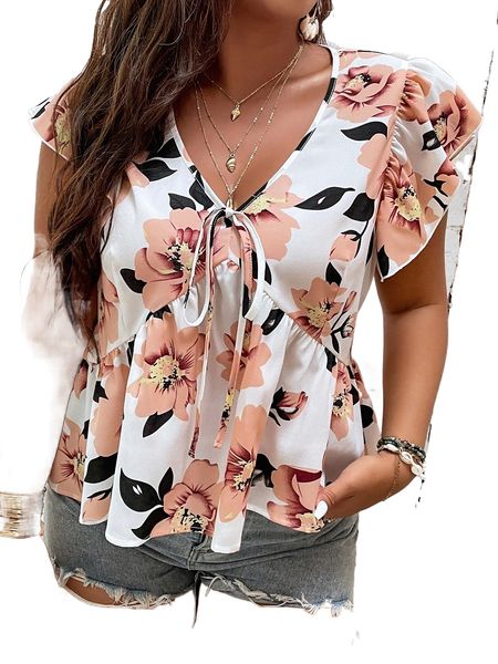 

plus floral print butterfly sleeve knot front peplum blouse m37u#, Black