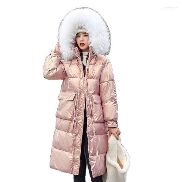 Piumino da donna Parka 2022 Brillante giacca invernale da donna a prova di neve Collo di pelliccia a maniche lunghe con cappuccio da donna Casual Cerniera Tasche grandi Impermeabile Co