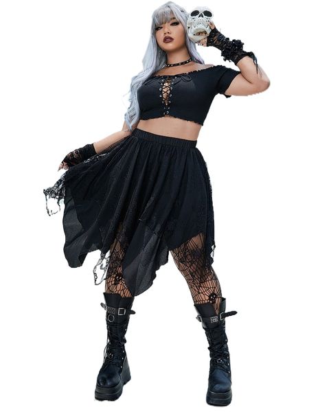 

plus hanky hem lace skirt o17p#, Black