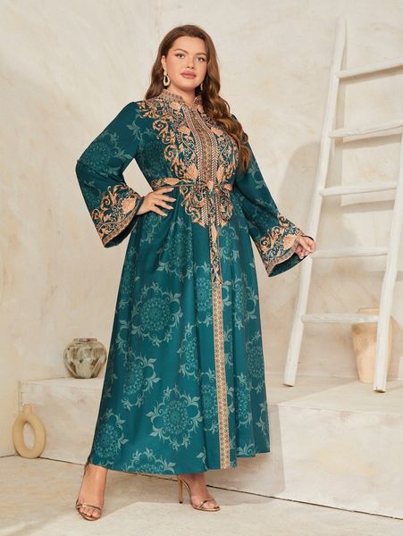 

plus buttoned half placket belted baroque dress d4h0#, Black