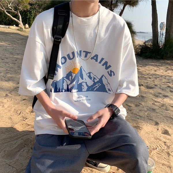 

2022 new summer mens t-shirts fashion casual printed round neck cotton street style over size loose short sleeves dropped sleeves couple wea, White;black