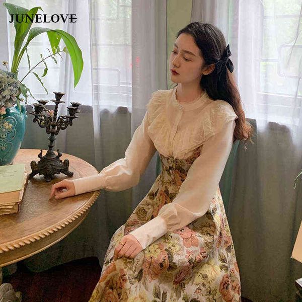 

nxy casual dress junelove vintage palace style 2 pieces sets vintage autumn new 2021 ruffles collar long sleeve print midi dress elegant ves, Black;gray