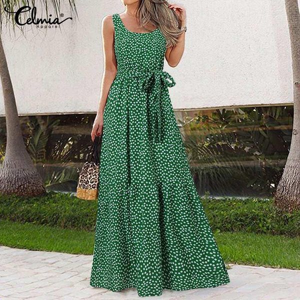 

summer bohemian long dress women sleeveless pleated vestidos floral print belted party maxi, Black;gray