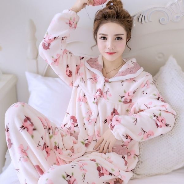 

winter thick warm women pajama sets long sleeve velvet sleepwear pyjamas sets animal homewear thick home suit y200425, Black;red