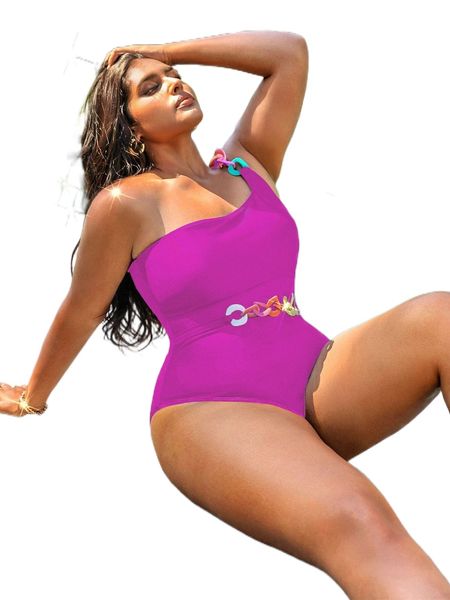 

plus chain detail one shoulder one piece swimsuit v1ce#, White;black