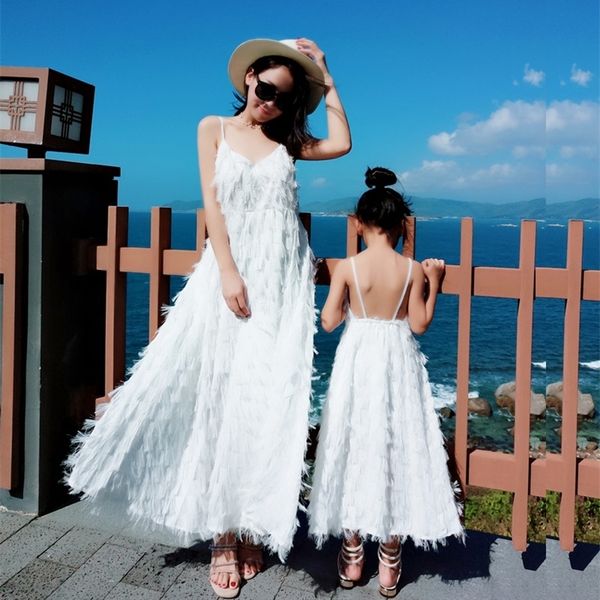 

tank tassel mother daughter dresses family matching outfits look mommy and me clothes mom mum baby women girls dress clothing 220531, Blue