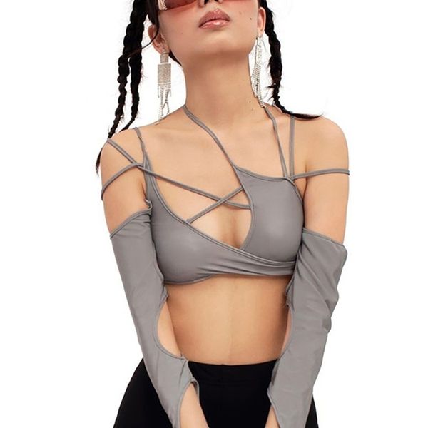

goth dark cyber y2k techwear punk women halter gothic egirl patchwork long sleeve crop cut out casual t-shirts 220408, White