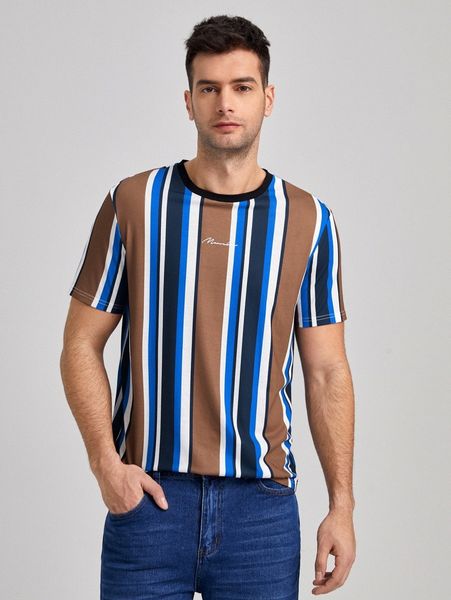 

men block striped & letter graphic contrast trim tee m6vs#, White;black