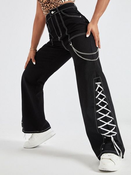 

high waist chain detail grommet lace up wide leg jeans 75gh#, Blue