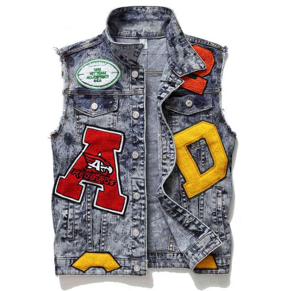 

men's vests men's jeans vest fashionable blue embroidered letter vest 922 ohtf, Black;white