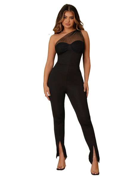 

sxy contrast dobby mesh one shoulder split hem skinny jumpsuit s2mu#, Black;white