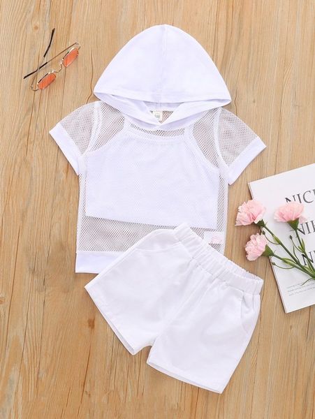 

toddler girls mesh hooded & cami & shorts she, White