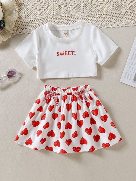 

toddler girls letter graphic tee & heart print bow front skirt she, White