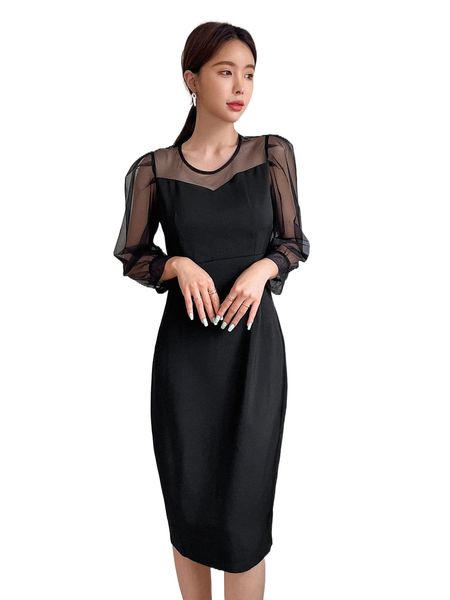 

dazy contrast mesh puff sleeve bodycon dress i9n9#, Black;gray