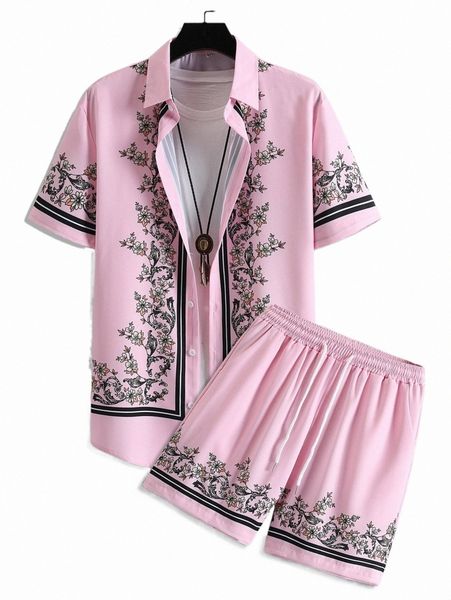 

men striped & floral print shirt & drawstring waist shorts without tee w7nh#, Gray