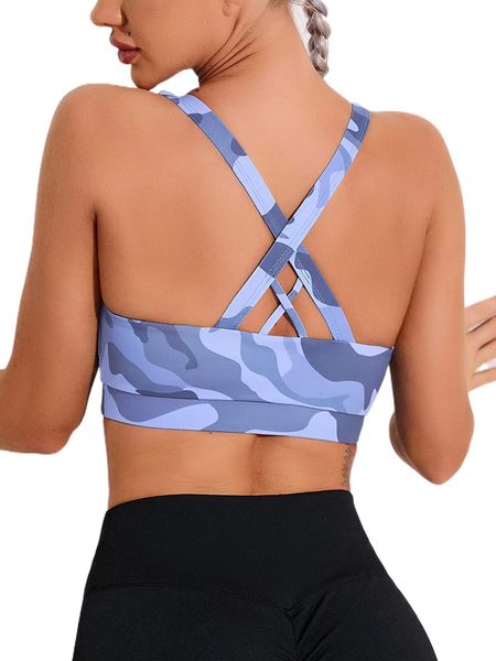 

camo print crisscross back sports bra r0tz#, Gray