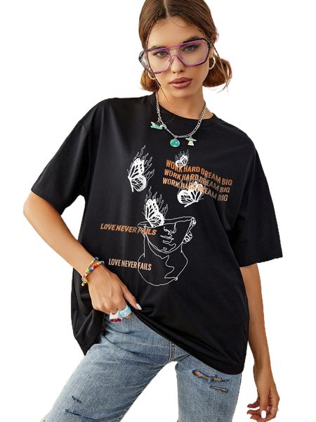 

figure & slogan print drop shoulder tee z2sh#, White