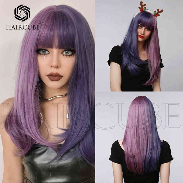 

fashion wig female qi bangs purple contrast color yin yang head long straight hair elegant charming synthetic cover 220527, Black