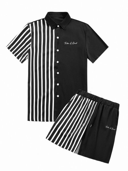 

men striped & slogan graphic shirt & drawstring waist shorts w7vl#, Gray
