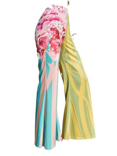 

floral & striped print wide leg pants q4p0#, Black;white