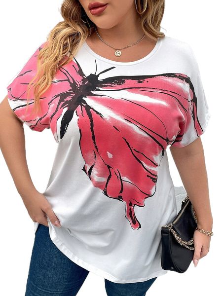 

plus butterfly print batwing sleeve tee n5l4#, Black