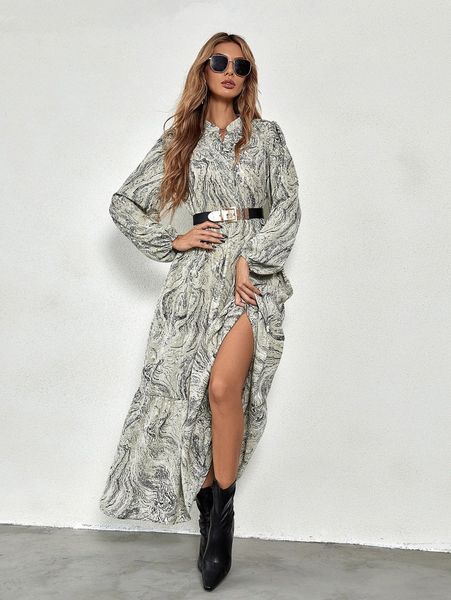 

marble print bishop sleeve split thigh dress u2x7#, Black;gray
