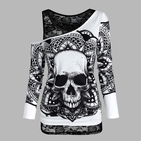 

gothic casual women t shirts skull graphic off shoulder two piece tee sets long sleeve sleeveless spring female clothes d30 220321, White