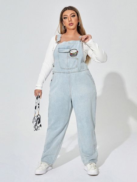 

plus hamburger embroidery light washed denim overall jumpsuit p6jh#, Black;white