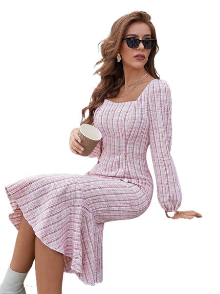 

plaid lantern sleeve fake button mermaid hem tweed dress c4ni#, Black;gray