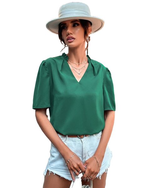 

frill neck puff sleeve blouse r8yi#, White