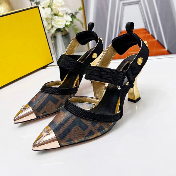 

sandals high heeled for womens gauze dress shoes luxury designer 8.5cm heels front rear strap snap ring women sandal factory footwear, Black