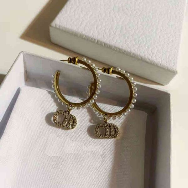 

super discount 75% off family letter pearl big circle full of diamond brass 925 silver needle female earrings, Golden