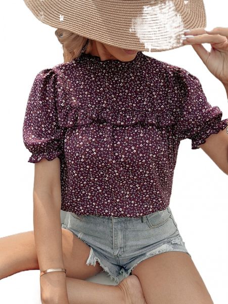 

ditsy floral mock neck frill trim blouse f6pk#, White