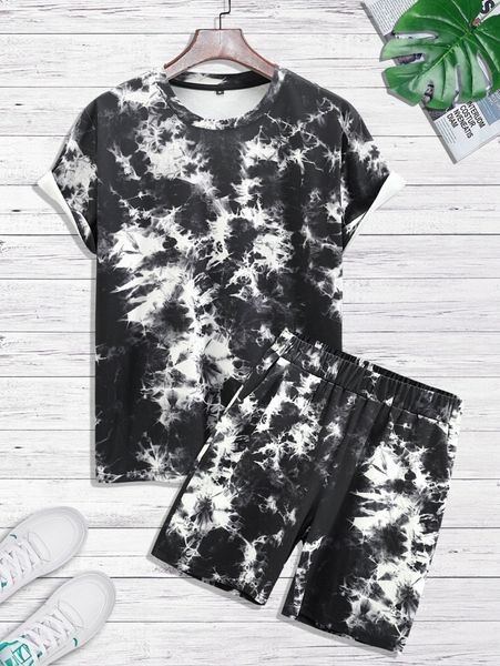 

men random tie dye tee & shorts o37e#, Gray