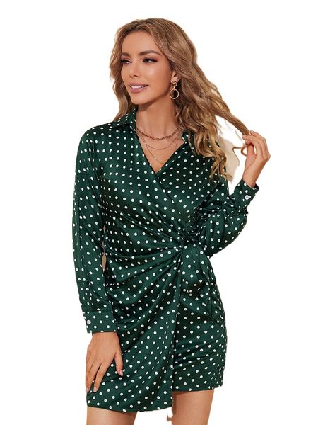 

polka dot knot side wrap dress 17ok#, Black;gray
