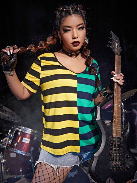 

plus colorblock striped v-neck tee 93qm#, Black