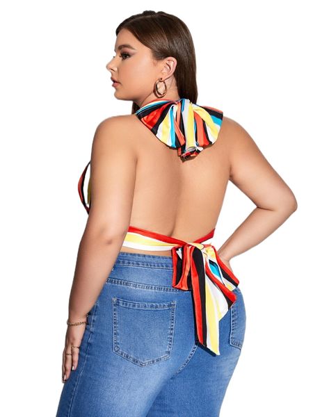 

plus colorful striped backless knot halter 65su#, Black